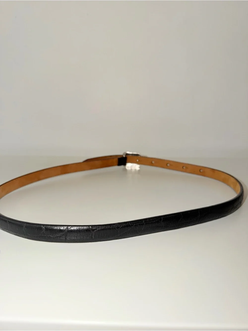 Black Genuine Leather Crocodile Embossed Thin Belt w/ Silver Square Buckle, Sz S